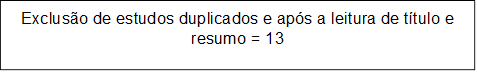 Exclusão de estudos duplicados e após a leitura de título e resumo = 13