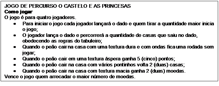 Caixa de texto: JOGO DE PERCURSO O CASTELO E AS PRINCESAS
Como jogar
O jogo é para quatro jogadores.
•	Para iniciar o jogo cada jogador lançará o dado e quem tirar a quantidade maior inicia o jogo;
•	O jogador lança o dado e percorrerá a quantidade de casas que saiu no dado, obedecendo as regras do tabuleiro;
•	Quando o peão cair na casa com uma textura dura e com ondas fica uma rodada sem jogar;
•	Quando o peão cair em uma textura áspera ganha 5 (cinco) pontos;
•	Quando o peão cair na casa com vários pontinhos volta 2 (duas) casas;
•	Quando o peão cair na casa com textura macia ganha 2 (duas) moedas.
Vence o jogo quem arrecadar o maior número de moedas.
