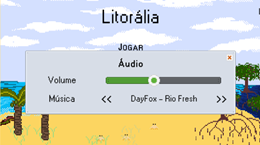 tela de configuração do jogo Litorália, slider de volume e em baixo setas de seleção de música.