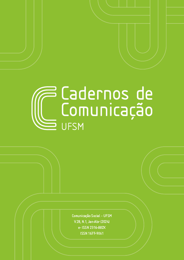 Imagem em formato retrato com fundo verde-oliva, ao centro está escrito "Cadernos de" na horizontal, no lado direito está escrito "Comunicação" na vertical. Na parte inferior, está escrito: Comunicação Social  - UFSM V.28, N.1, Jan-Abr (2024) e- ISSN 2316-882X ISSN 1677-9061.